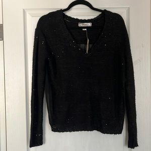DECREE BLACK SEQUINED SWEATER - BACK SHEER PANEL - SIZE SMALL